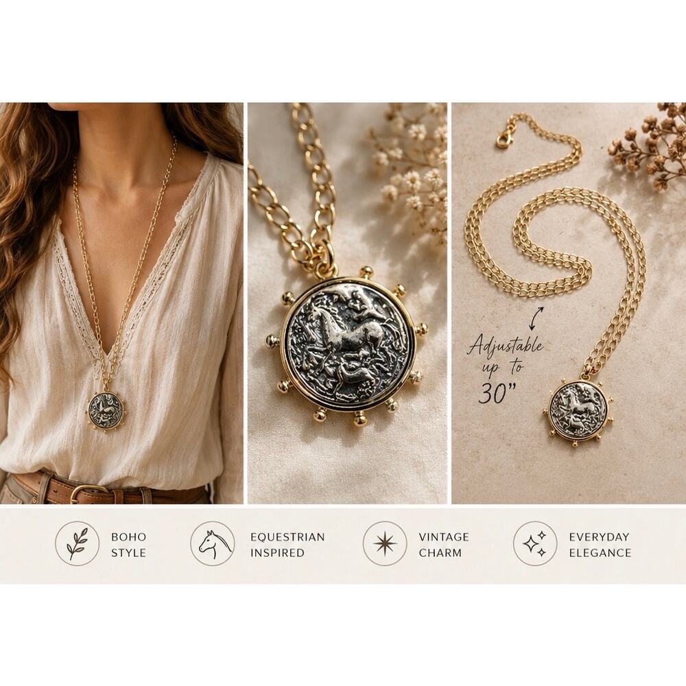 Equestrian Inspired Coin Pendant Necklace – 30” Adjustable Layering Chain - Picture 8 of 11